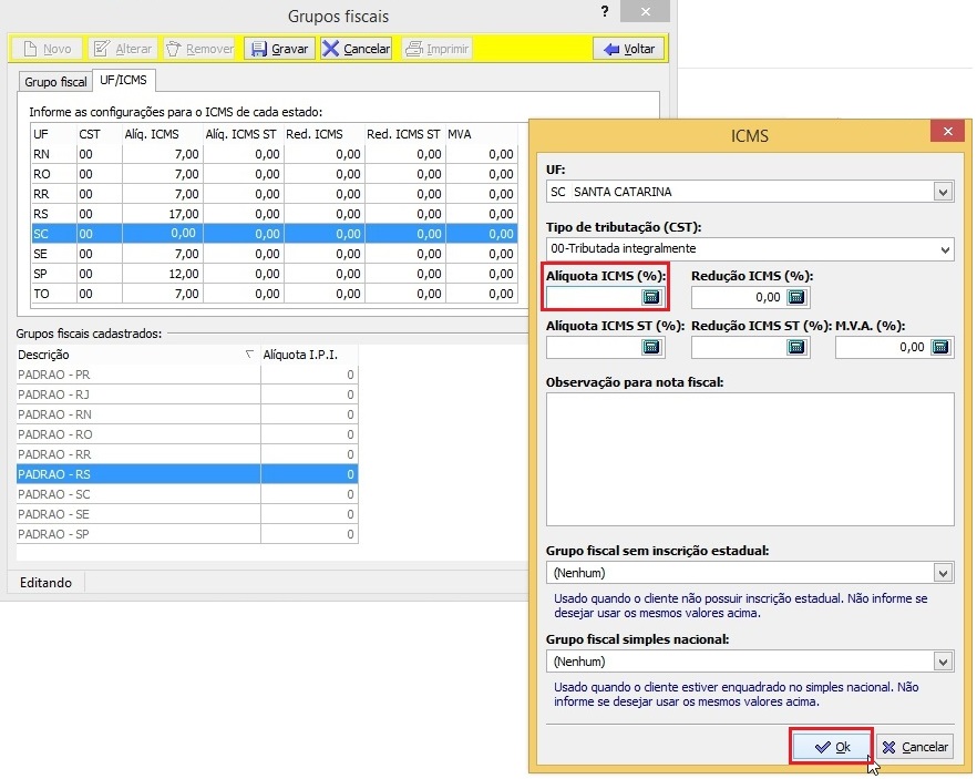 Grupo fiscal - Adicionar alíquota para um Estado – Dataweb 